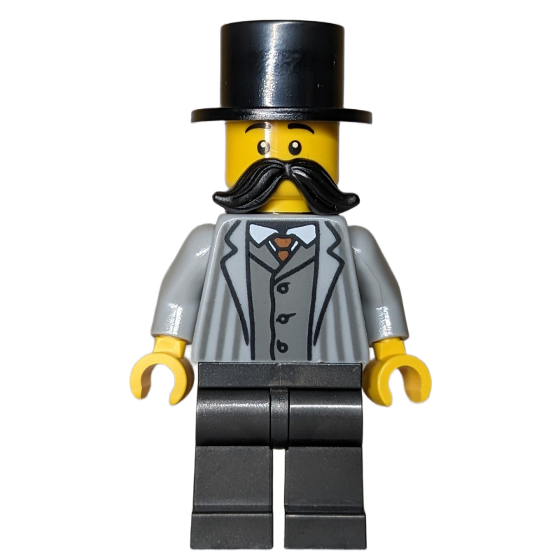 Passager, torse gris bleuté clair, pieds en titane perle, chapeau noir, moustache (Passenger, Light Bluish Grey Torso, Pearl Titanium Legs, Black Hat, Moustache)
