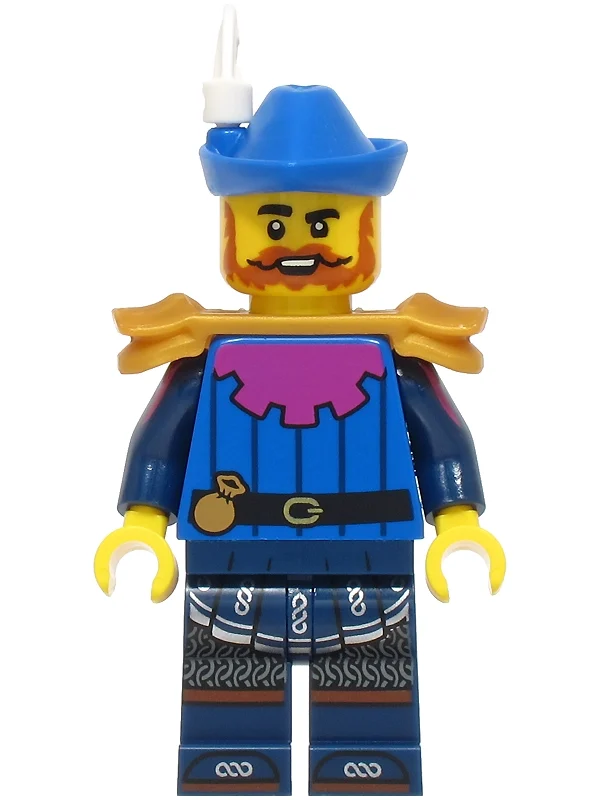 Barde, torse bleu, jambes bleu foncé, chapeau bleu, épaulière or nacré (Bard, Blue Torso, Dark Blue Legs, Blue Hat, Pearl Gold Shoulder Guard)