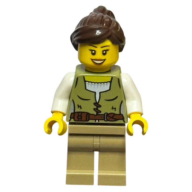 Femme, torse vert olive, jambes beige foncé, cheveux brun foncé (Woman, Olive Green Torso, Dark Tan Legs, Dark Brown Hair)