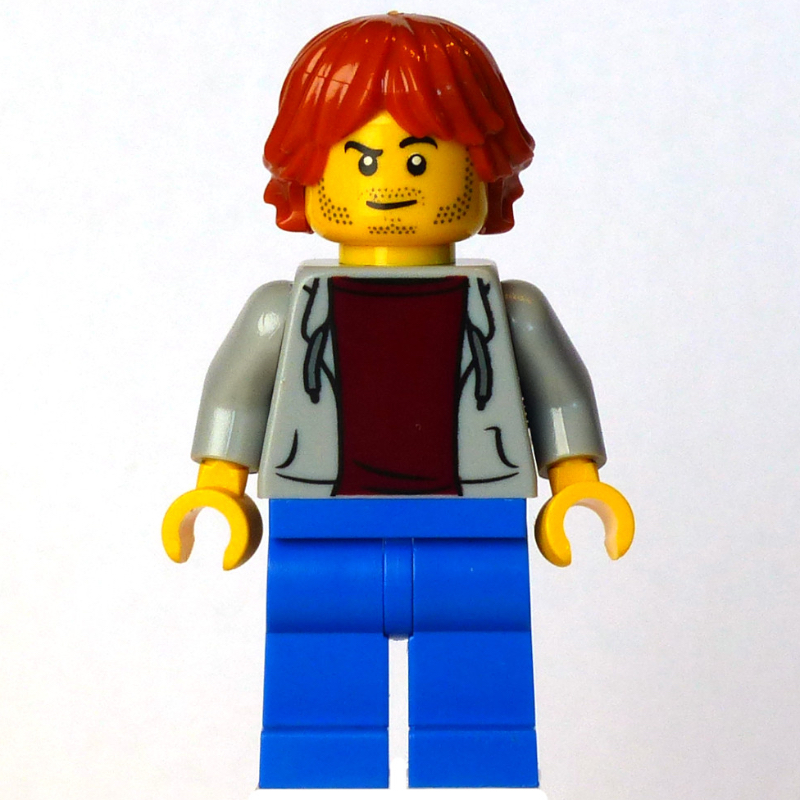 Homme, pull gris bleuté clair, jambes bleues, cheveux orange foncé (Man, Light Bluish Gray Sweater, Blue Legs, Dark Orange Hair)