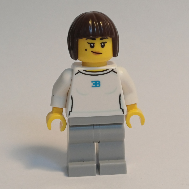 Pilote de course, chemise blanche, jambes gris bleuté clair, cheveux brun foncé (Race Driver, White Shirt, Light Bluish Gray Legs, Dark Brown Hair)