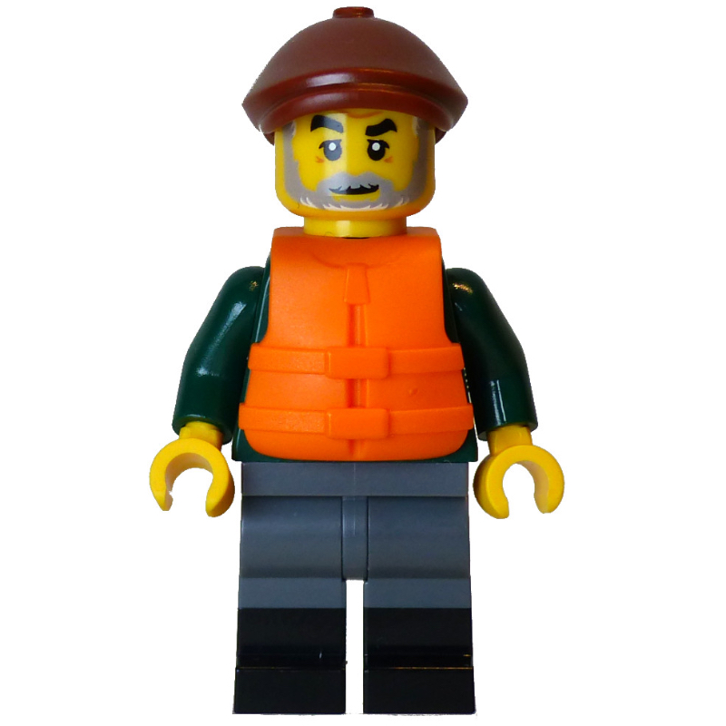 Homme pêcheur, torse vert foncé, jambes gris bleuté foncé, casquette brun rougeâtre, gilet de sauvetage (Fisher Man, Dark Green Torso, Dark Bluish Grey Legs, Reddish Brown Cap, Life Vest)