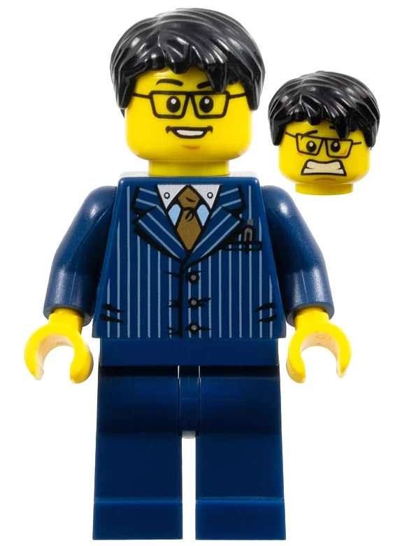 Homme, costume à rayures bleu foncé avec cravate en or, cheveux noirs, lunettes, 3626bpr0223 (Man, Dark Blue Pinstripe Suit with Gold Tie, Black Hair, Glasses, 3626bpr0223)