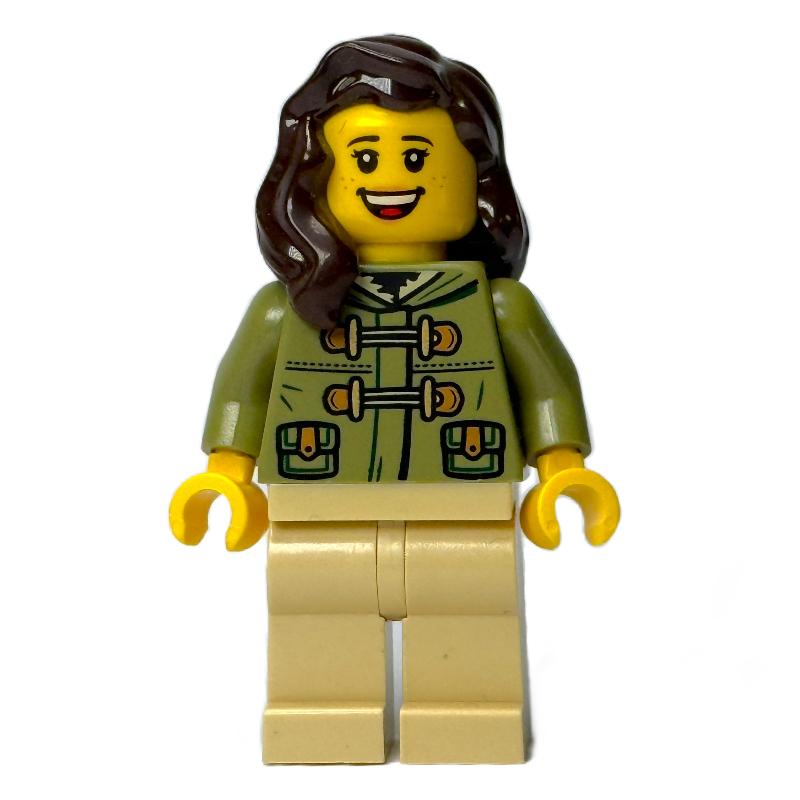 Torse vert olive, jambe beige, cheveux brun foncé (Olive Green Torso, Tan Leg, Dark Brown Hair)