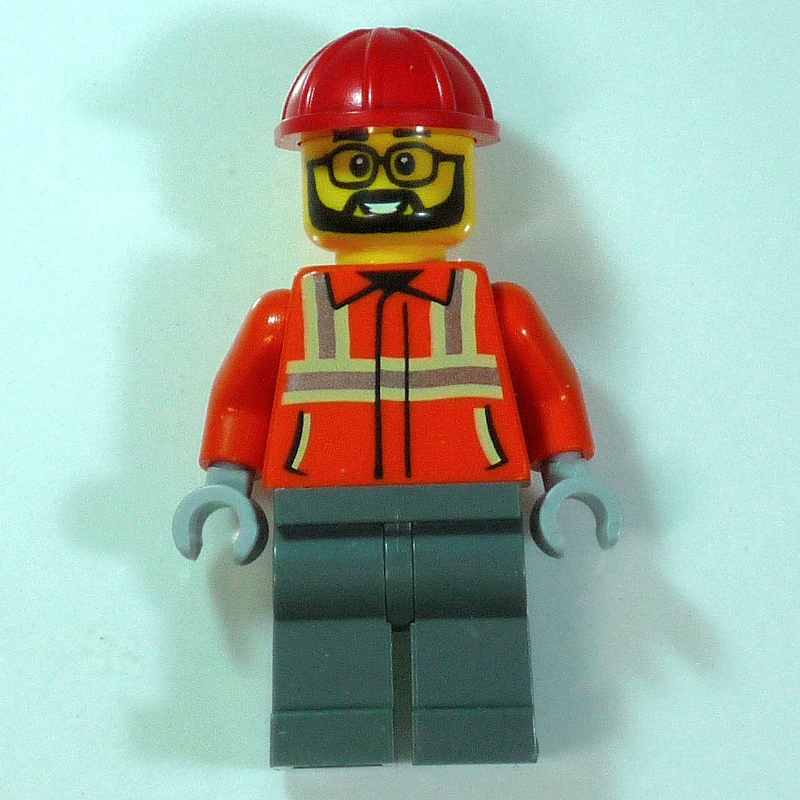 Ouvrier de chantier, veste de sécurité orange, jambes gris bleuté foncé, casque de chantier rouge (Construction Worker, Orange Safety Jacket, Dark Bluish Grey Legs, Red Hard Hat)