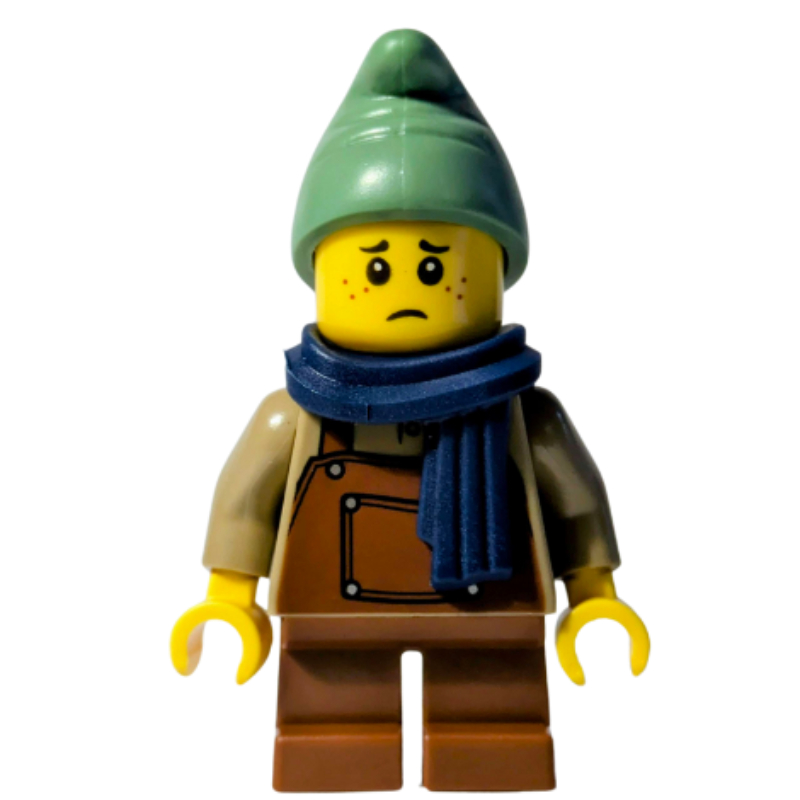 Elfe, torse beige foncé, tablier brun rougeâtre, casquette vert sable, écharpe bleu foncé (Elf, Dark Tan Torso, Reddish Brown Apron, Sand Green Cap, Dark Blue Scarf)