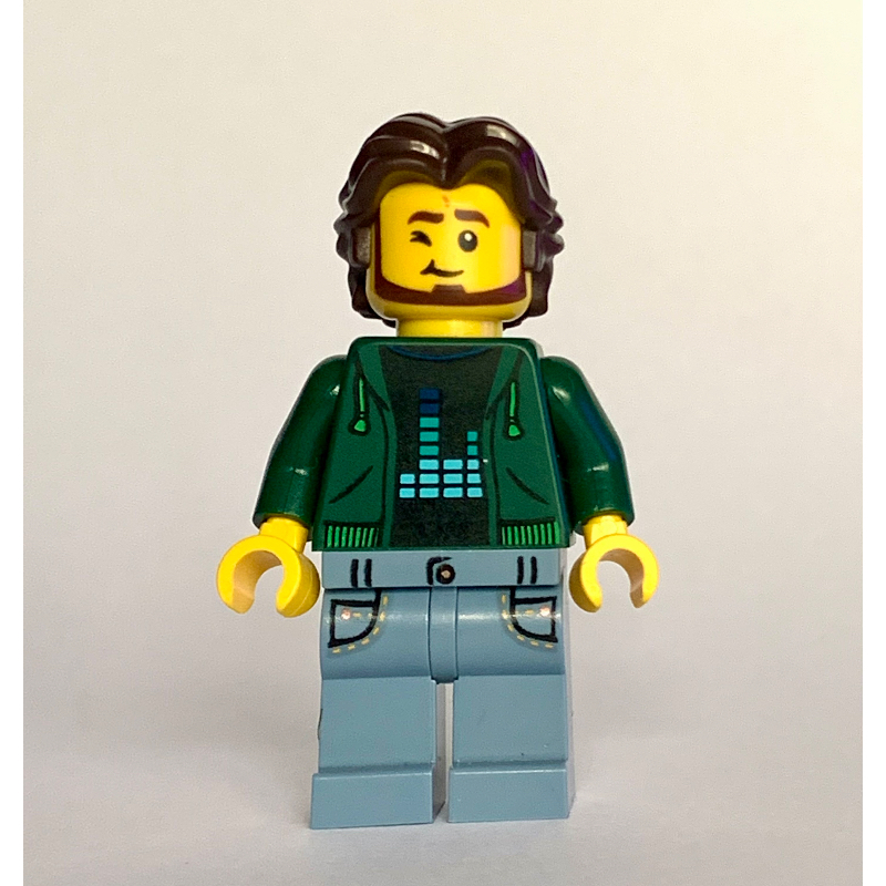 Homme, torse vert foncé, jambes bleu sable, cheveux brun foncé (Man, Dark Green Torso, Sand Blue Legs, Dark Brown Hair)