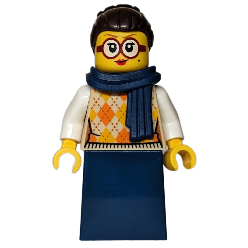 Femme, torse beige, robe bleu foncé, cheveux brun foncé, écharpe bleu foncé (Woman, Tan Torso, Dark Blue Dress, Dark Brown Hair, Dark Blue Scarf)