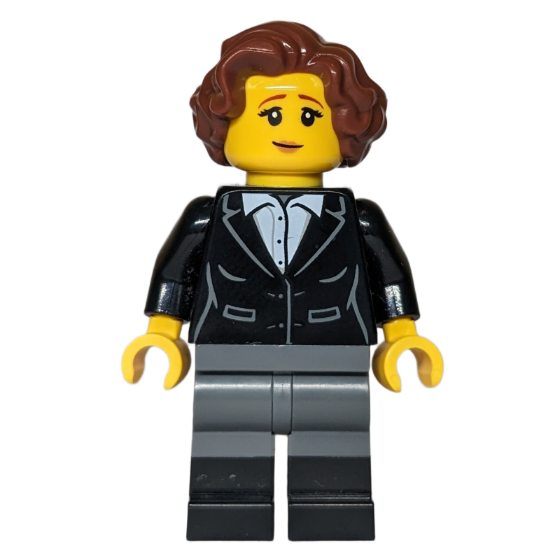Femme, torse noir, jambes gris bleuté foncé, cheveux brun rougeâtre (Woman, Black Torso, Dark Bluish Grey Legs, Reddish Brown Hair)