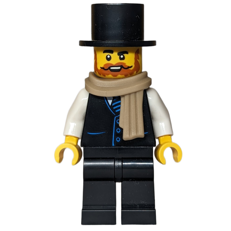 Homme, costume noir, chapeau haut de forme, écharpe beige foncé (Man, Black Suit, Top Hat, Dark Tan Scarf)