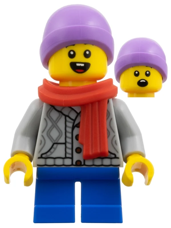 Kid, torse gris bleuté clair, jambes bleues, bonnet lavande moyen, écharpe rouge (Kid, Light Bluish Grey Torso, Blue Legs, Medium Lavender Beanie, Red Scarf)