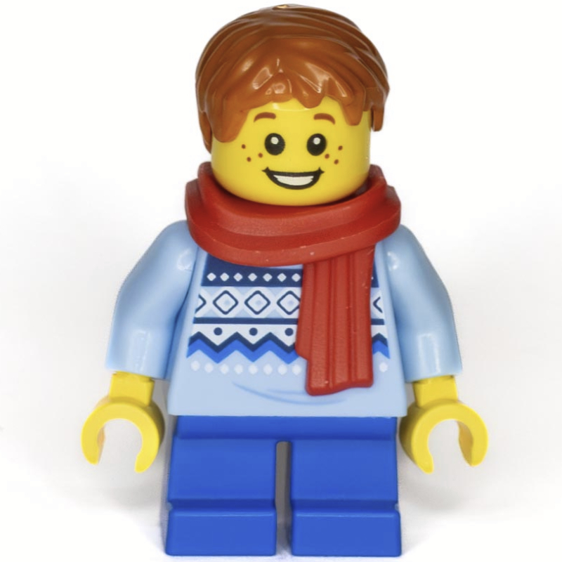 Enfant, torse bleu clair vif, jambes bleues, cheveux orange foncé, écharpe (Kid, Bright Light Blue Torso, Blue Legs, Dark Orange Hair, Scarf)