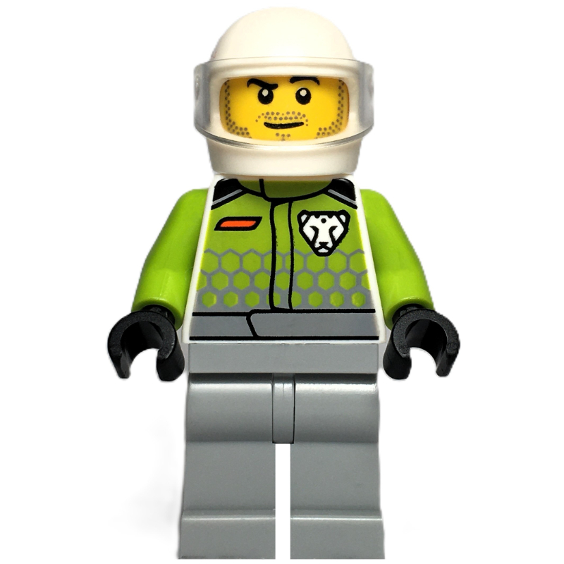 Pilote de course, veste vert citron, jambes gris bleuté clair, casque blanc (Race Driver, Lime Jacket, Light Bluish Gray Legs, White Helmet)