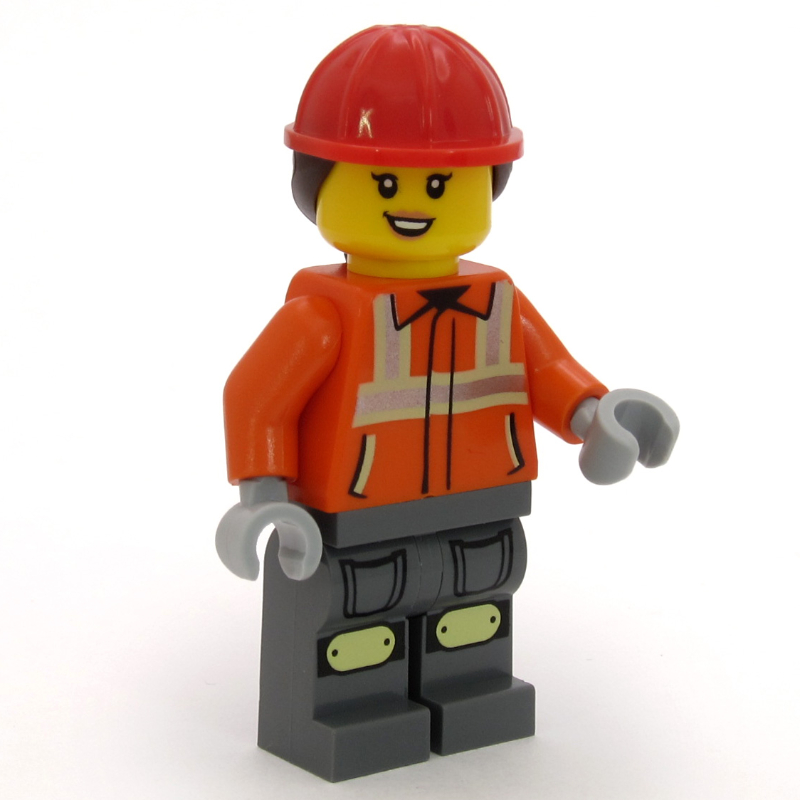 Ouvrier de chantier, veste orange rougeâtre, salopette, casque de chantier rouge avec queue de cheval brun foncé (Construction Worker, Reddish Orange Jacket, Overall, Red Hard Hat with Dark Brown Ponytail)