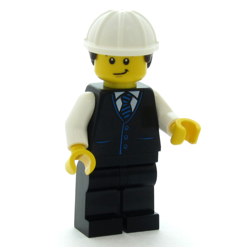 Homme, gilet noir, jambes noires, casque de chantier blanc avec cheveux brun foncé (Man, Black Vest, Black Legs, White Hard Hat with Dark Brown Hair)