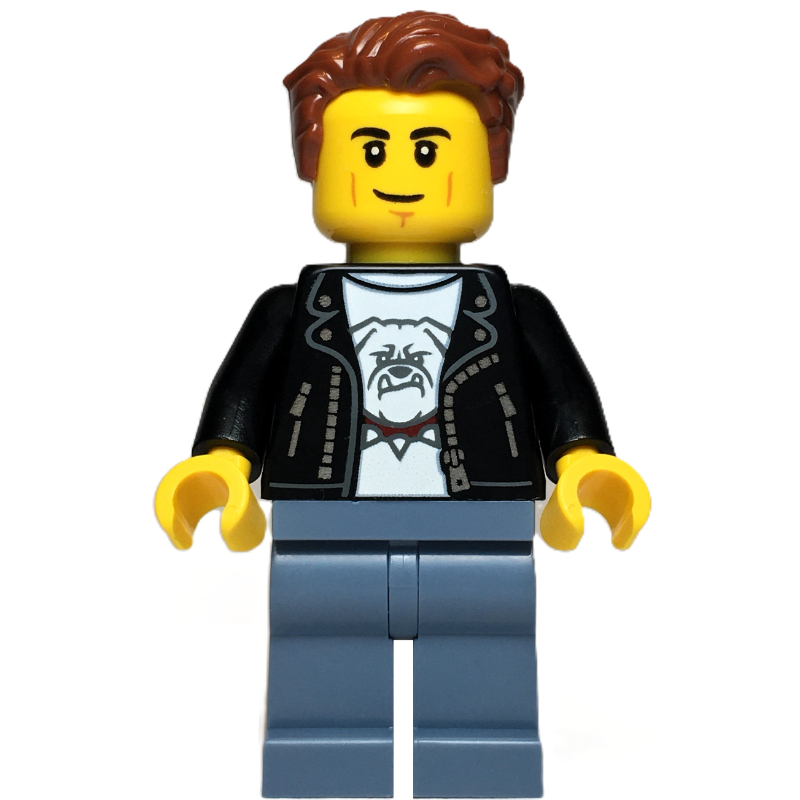 Homme, veste en cuir noir, jambes bleu sable, cheveux brun rougeâtre (Man, Black Leather Jacket, Sand Blue Legs, Reddish Brown Hair)