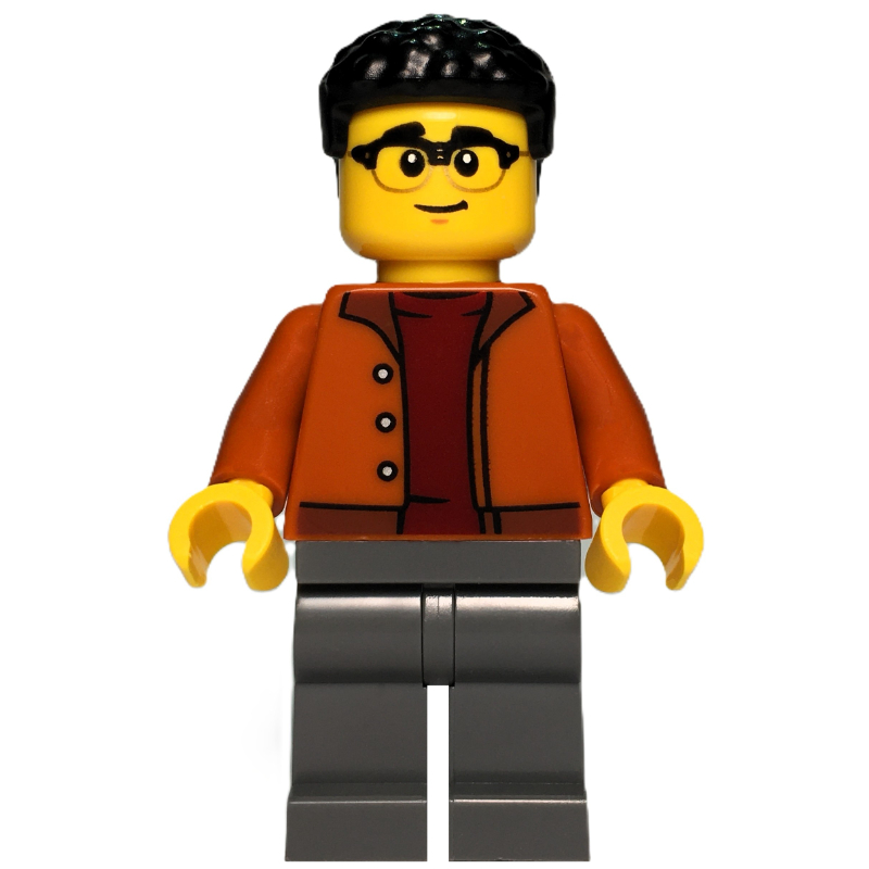Homme, torse orange foncé, jambes gris clair foncé, cheveux noirs (Man, Dark Orange Torso, Dark Bluiosh Gray Legs, Black Hair)