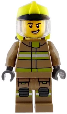 Pompier, tenue de pompier beige foncé, casque jaune éclatant, visage sale (Firefighter, Dark Tan Fire Suit, Vibrant Yellow Helmet, Dirty Face)