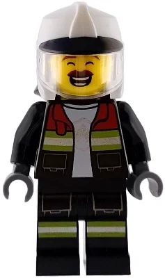 Pompier, costume de feu noir, casque blanc, moustache (Firefighter, Black Fire Suit, White Helmet, Moustache)