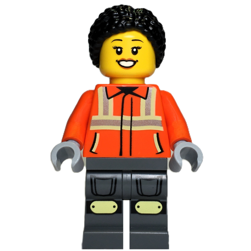 Ouvrier de chantier, veste de sécurité orange, jambes gris bleuté foncé, cheveux noirs (Construction Worker, Orange Safety Jacket, Dark Bluish Grey Legs, Black Hair)