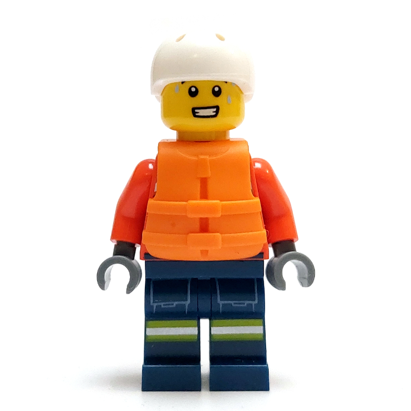 Sauveteur, torse brun rougeâtre, jambes bleu foncé, cheveux brun foncé, gilet de sauvetage (Lifeguard, Reddish Brown Torso, Dark Blue Legs, Dark Brown Hair, Life Vest)