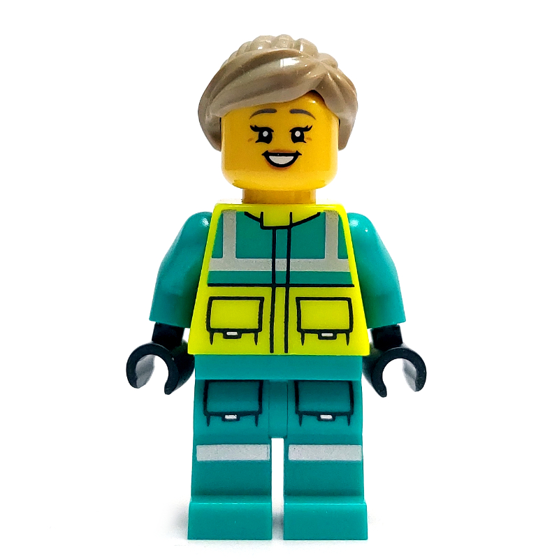 Paramédical, gilet de sécurité jaune vif, jambes turquoise foncé, cheveux beige foncés (Paramedic, Vibrant Yellow Safety Vest, Dark Turquoise Legs, Dark Tan Hair)