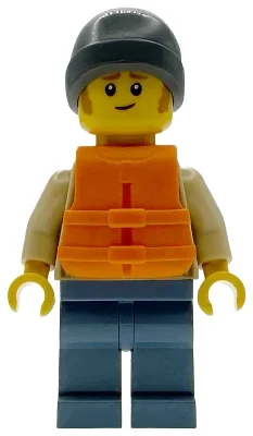 Naufragé, torse beige, jambes bleu sable, bonnet gris bleuté foncé, gilet de sauvetage (Castaway, Tan Torso, Sand Blue Legs, Dark Bluish Grey Beanie, Life Vest)