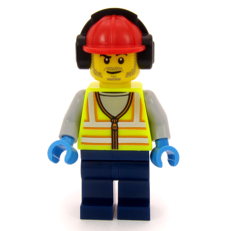Travailleur de l'équipe au sol de l'aéroport, torse jaune éclatant, jambes bleu foncé, casque de chantier rouge (Airport Ground Crew Worker, Vibrant Yellow Torso, Dark Blue Legs, Red Hard Hat)