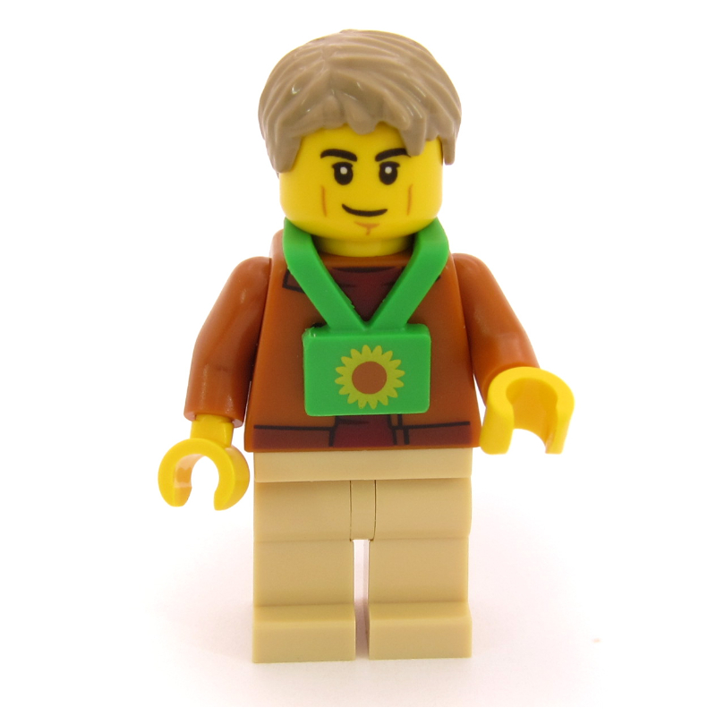 Passager, torse orange foncé, jambes beige, cheveux beige foncés, cordon de tournesol (Passenger, Dark Orange Torso, Tan Legs, Dark Tan Hair, Sunflower Lanyard)