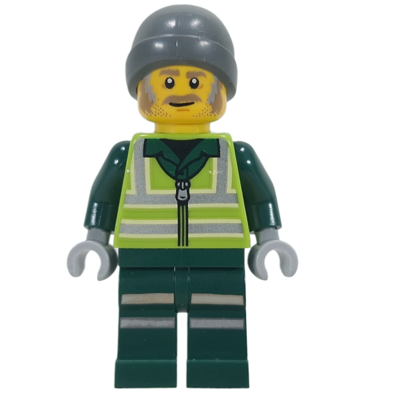 Recycleur, gilet de sécurité à la vert citron, jambes vert foncé, bonnet gris bleuté foncé (Recycling Worker, Lime Safety Vest, Dark Green Legs, Dark Bluish Grey Beanie)