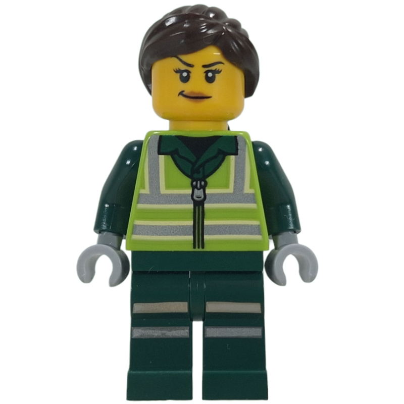 Travailleur de recyclage, gilet de sécurité à la vert citron, jambes vert foncé, cheveux brun foncé (Recycling Worker, Lime Safety Vest, Dark Green Legs, Dark Brown Hair)