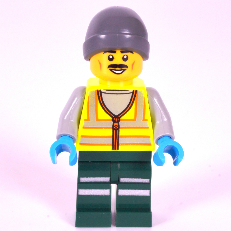 Conducteur de chasse-neige, gilet de sécurité à la vert citron, jambes vert foncé, bonnet gris bleuté foncé (Snowplow Driver, Lime Safety Vest, Dark Green Legs, Dark Bluish Grey Beanie)