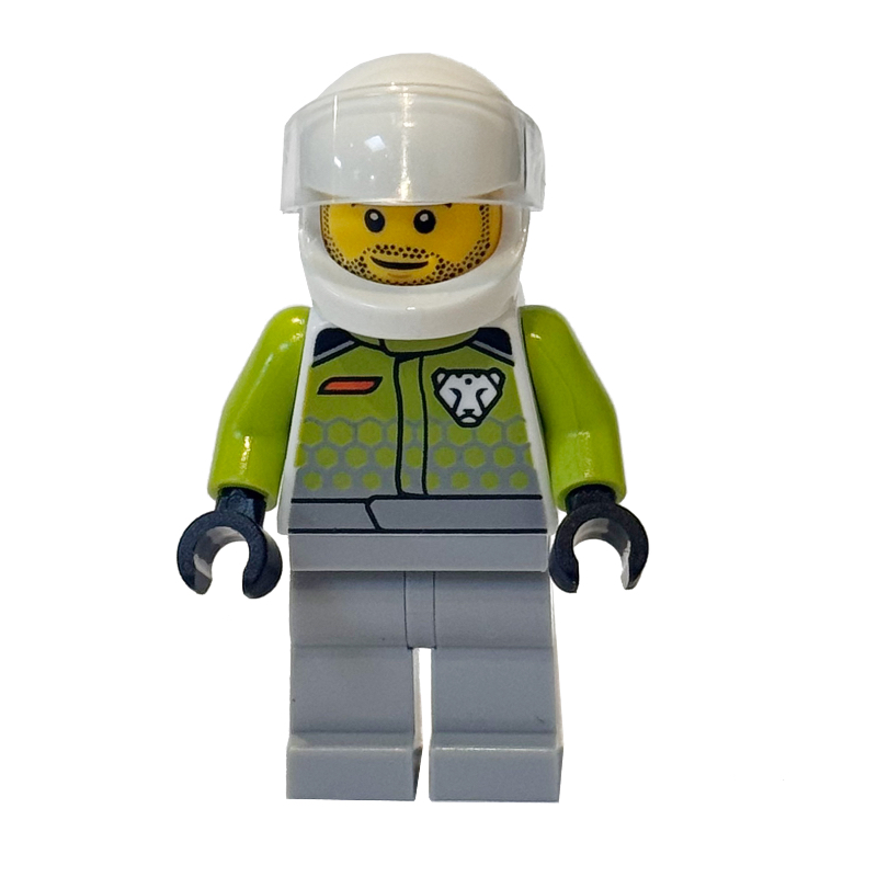 Pilote de course, torse vert citron, jambes gris bleuté clair, casque blanc (Race Driver, Lime Torso, Light Bluish Grey Legs, White Helmet)