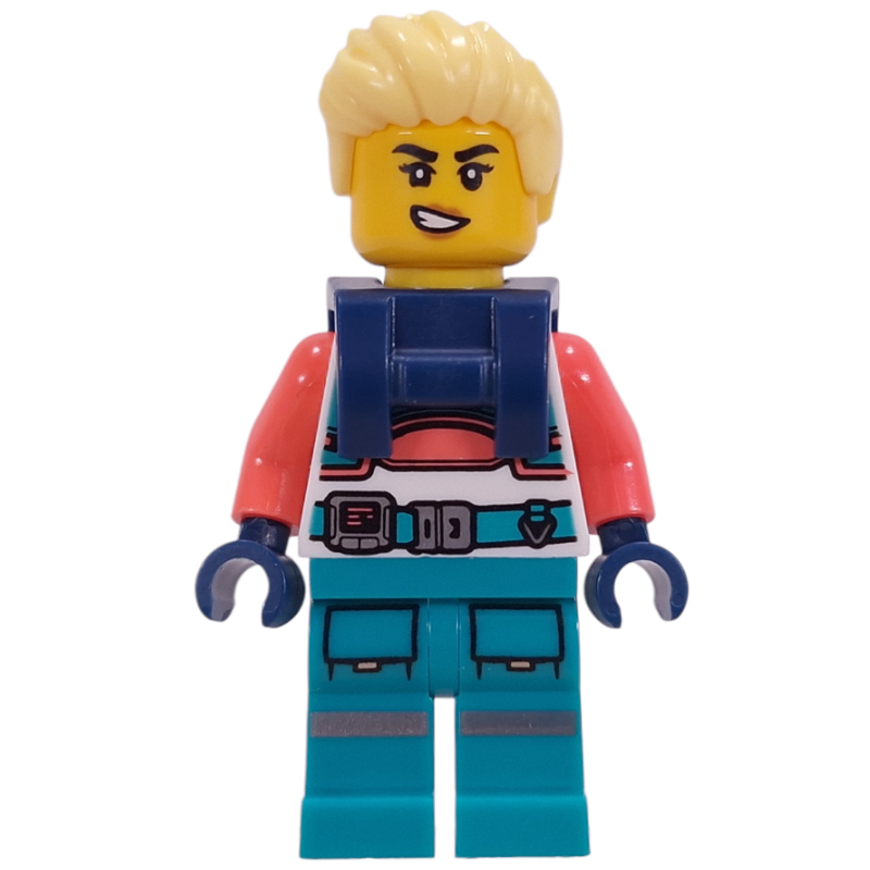 Astronaute, tenue blanche et corail, jambes turquoise foncé, cheveux jaune clair vif, harnass (Astronaut, White/Coral Suit, Dark Turquoise Legs, Bright Light Yellow Hair, Harnass)