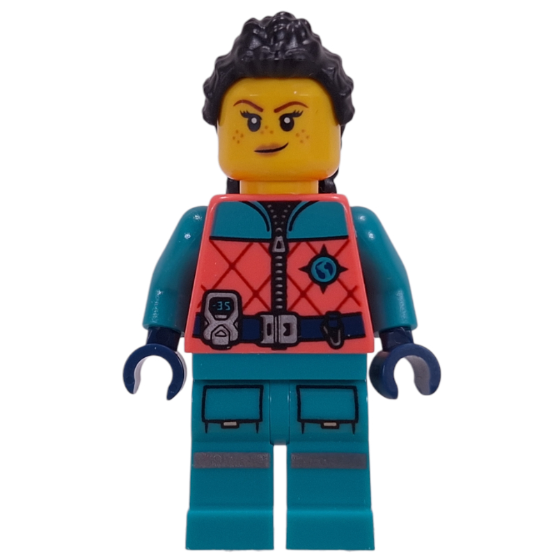 Explorateur arctique, torse de corail, jambes turquoise foncé, cheveux noirs (Arctic Explorer, Coral Torso, Dark Turquoise Legs, Black Hair)