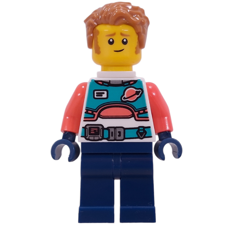 Astronaute, torse blanc, jambes bleu foncé, cheveux nougat moyen (Astronaut, White Torso, Dark Blue Legs, Medium Nougat Hair)