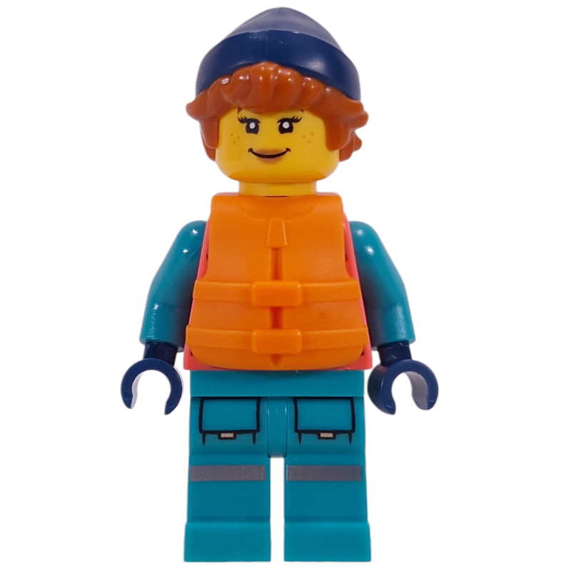 Explorateur arctique, torse corail, jambes turquoise foncé, bonnet bleu foncé, gilet de sauvetage (Arctic Explorer, Coral Torso, Dark Turquoise Legs, Dark Blue Beanie, Life Vest)