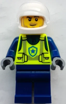 Policier, gilet de sécurité jaune vif, jambes bleu foncé, casque blanc (Police Officer, Vibrant Yellow Safety Vest, Dark Blue Legs, White Helmet)
