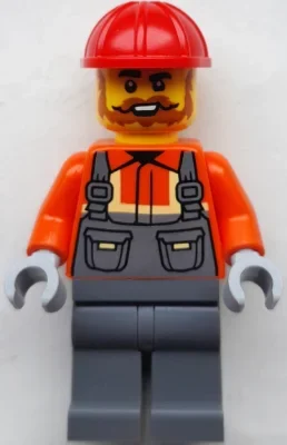 Ouvrier de chantier, veste de sécurité orange rougeâtre, jambes gris bleu foncé, casque de chantier rouge (Construction Worker, Reddish Orange Safety Jacket, Dark Blue Grey Legs, Red Hard Hat)
