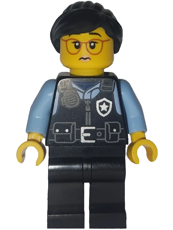 Policier, gilet noir, chemise bleu clair vif, cheveux noirs (Police Officer, Black Vest, Bright Light Blue Shirt, Black Hair)