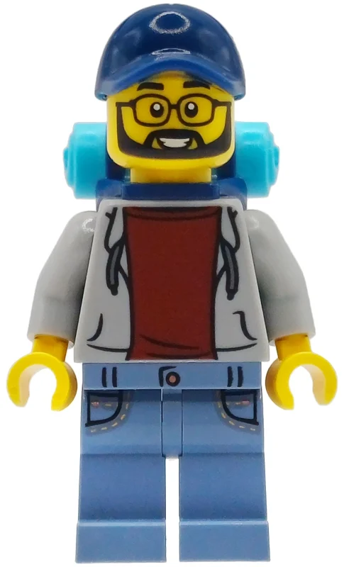 Randonneur, torse gris bleuté clair, jambes bleu sable, casquette bleu foncé, sac à dos (Hiker, Light Bluish Grey Torso, Sand Blue Legs, Dark Blue Cap, Backpack)