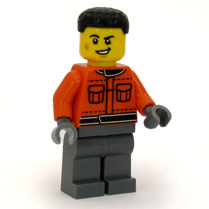 Équipage de stand, veste orange rougeâtre, jambes gris bleuté foncé, cheveux noirs (Pit Crew, Reddish Orange Jacket, Dark Bluish Gray Legs, Black Hair)