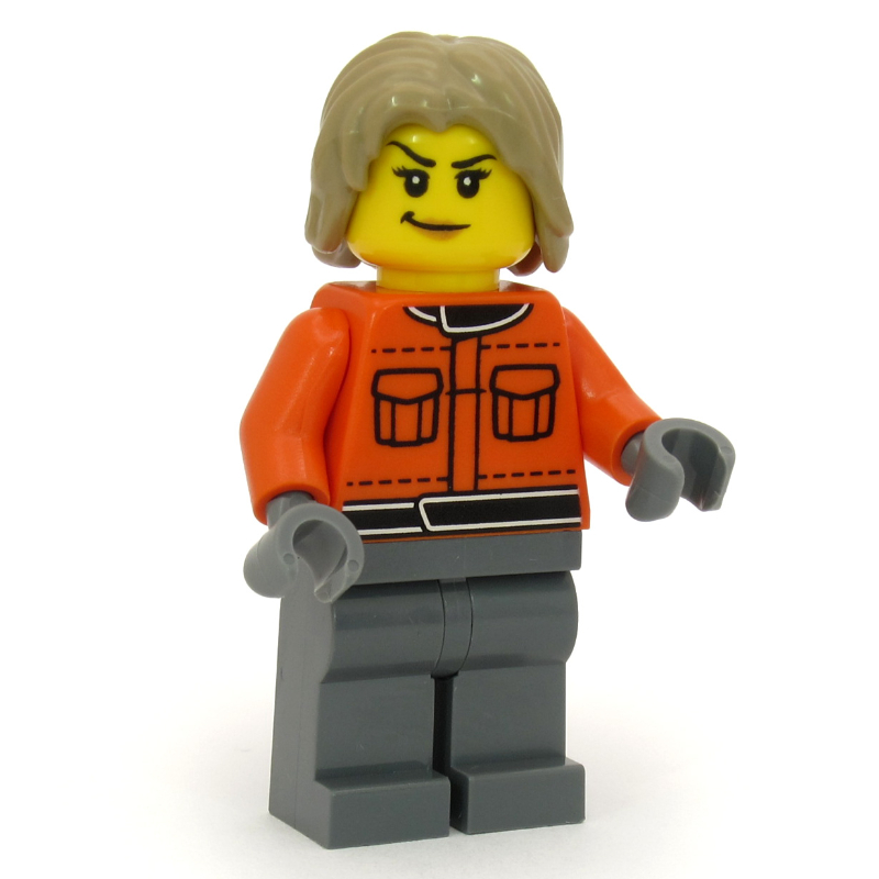 Équipage de stand, veste orange rougeâtre, jambes gris bleuté foncé, cheveux beige foncé (Pit Crew, Reddish Orange Jacket, Dark Bluish Gray Legs, Dark Tan Hair)