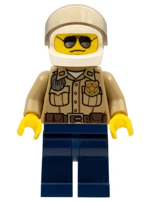 Police forestière / ranger, chemise beige foncé avec radio et badge, jambes bleu foncé, casque blanc avec visière, lunettes de soleil, tête 3626b (Forest Police / Ranger, Dark Tan Shirt with Radio and Badge, Dark Blue Legs, White Helmet with Visor, Sunglasses, 3626b Head)