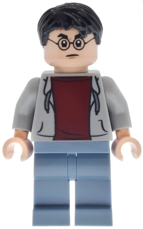 Harry Potter, veste ouverte gris clair bleuté sur chemise rouge foncé, jambes bleu sable (Harry Potter, Open Light Bluish Gray Jacket over Dark Red Shirt, Sand Blue Legs)