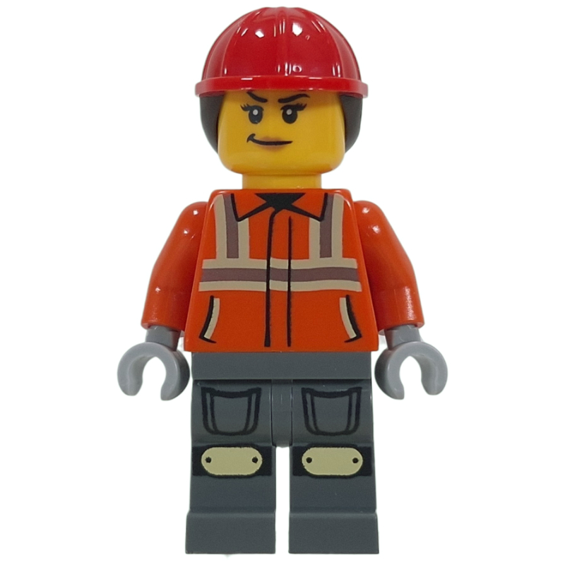Ouvrier de chantier, veste orange rougeâtre, jambes gris bleuté foncé, casque de chantier rouge avec queue de cheval (Construction Worker, Reddish Orange Jacket, Dark Bluish Gray Legs, Red Hard Hat with Ponytail)
