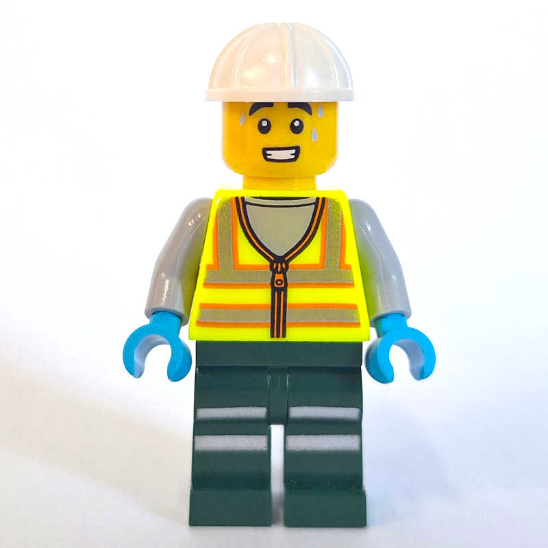 Équipage de train, gilet de sécurité jaune vibrant, jambes vert foncé, casque de chantier blanc (Train Crew, Vibrant Yellow Safety Vest, Dark Green Legs, White Hard Hat)