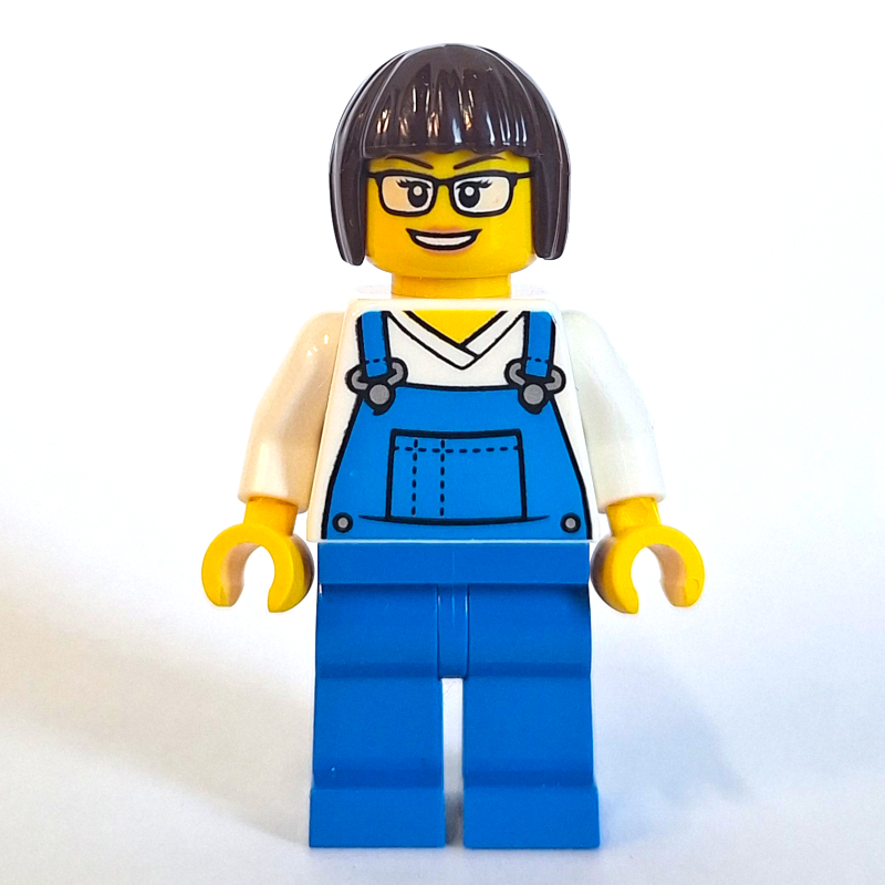 Femme, salopette bleue, cheveux brun foncé (Woman, Blue Overalls, Dark Brown Hair)