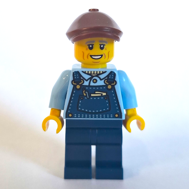 Conducteur de train, salopette bleu foncé, casquette plate marron rougeâtre (Train Driver, Dark Blue Overalls, Reddish Brown Flat Cap)