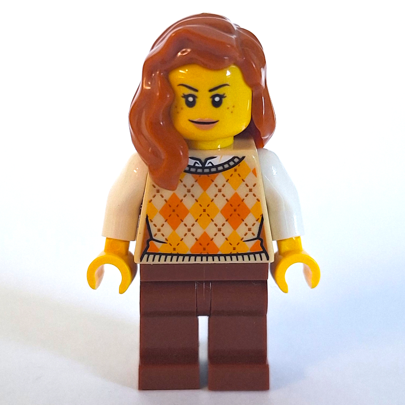 Femme, pull beige, jambes brun rougeâtre, cheveux orange foncé (Woman, Tan Sweater, Reddish Brown Legs, Dark Orange Hair)